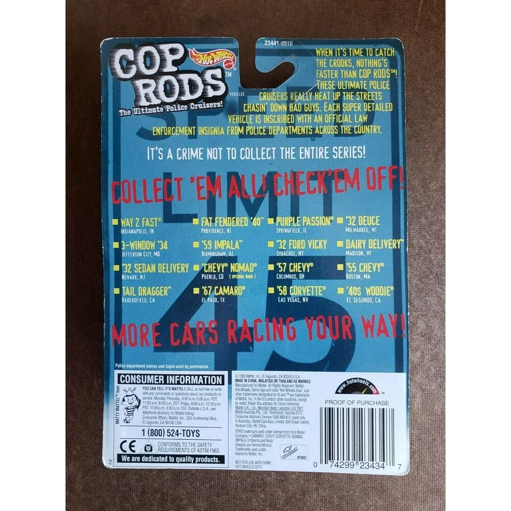 1999 Hot Wheels CHEVY NOMAD White & Black COP RODS Pueblo CO Police Dept 1:64 RR